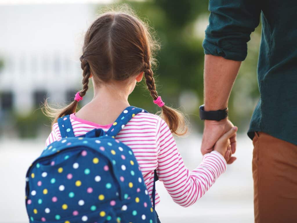 אב וילדה עם תיק בית הספר על הגב מחזיקים ידיים והולכים לבית הספר