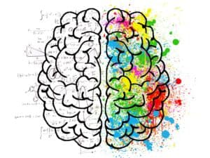 ציור של מוח מחולק לשניים: צד אחד עם נוסחאות מתמטיות, צד שני עם צבעים צבעוניים המשדר חיוביות.
